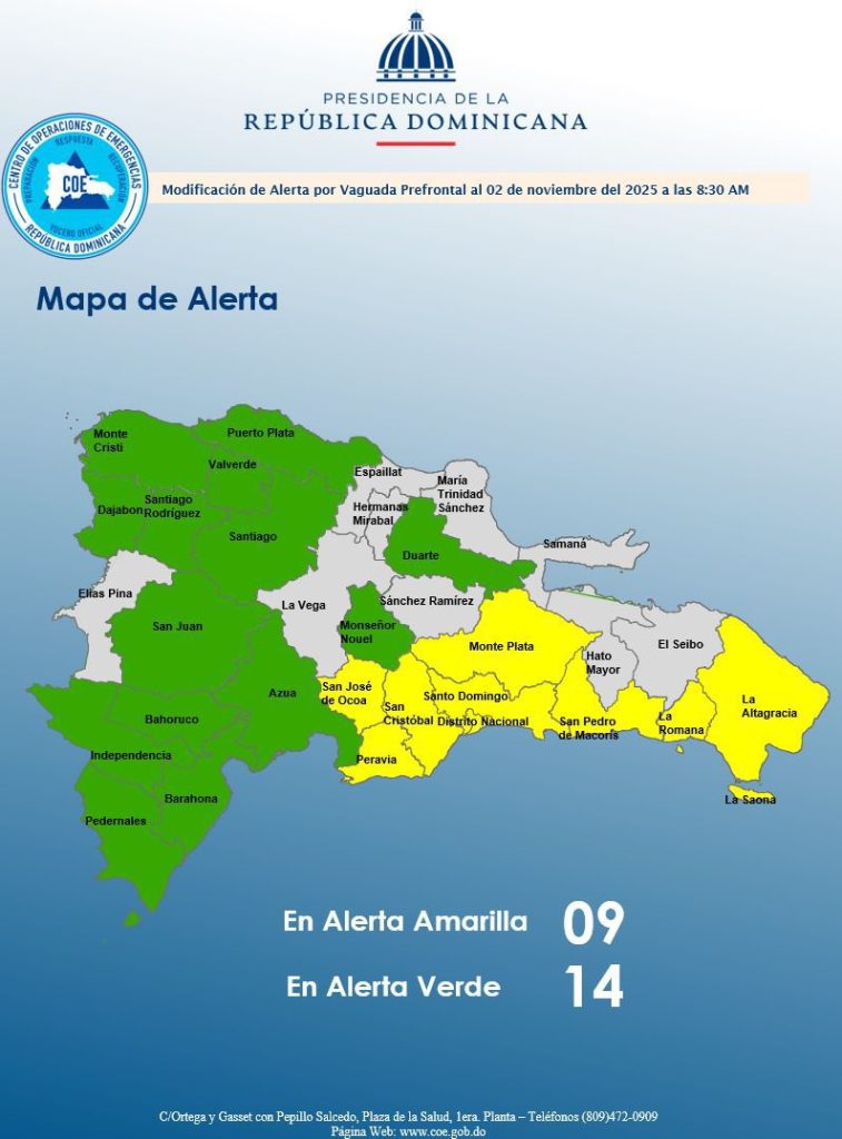 COE mantiene al Distrito Nacional así como 8 provincias en alerta amarilla y 14 en verde