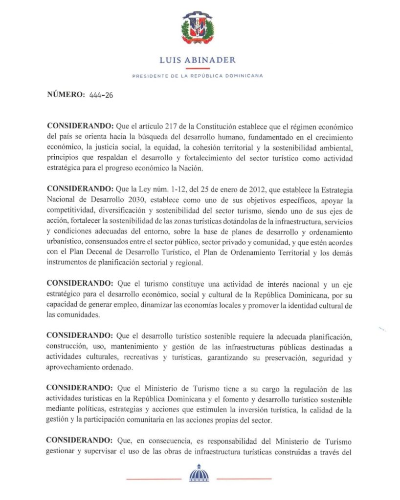 Presidente Abinader modifica la integración del Consejo de Administración de la Presa de Monción mediante el Decreto núm. 444-26